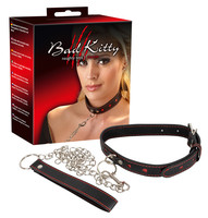 Bad Kitty - szíves nyakörv, fém pórázzal (fekete-piros) kép